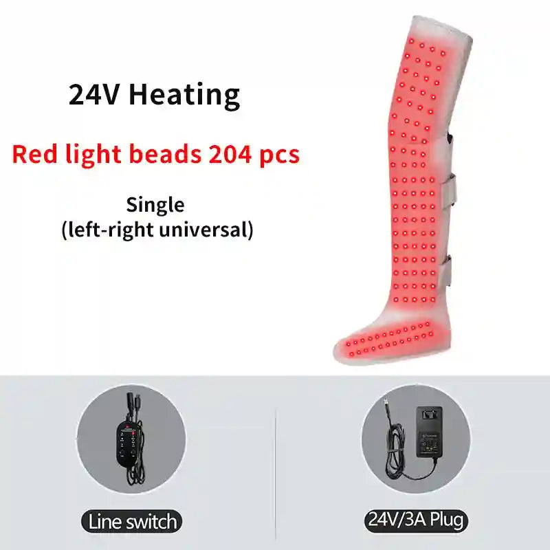 Gray heating leg boot with 204 red light beads, a line switch controller, and a 24V power adapter.
