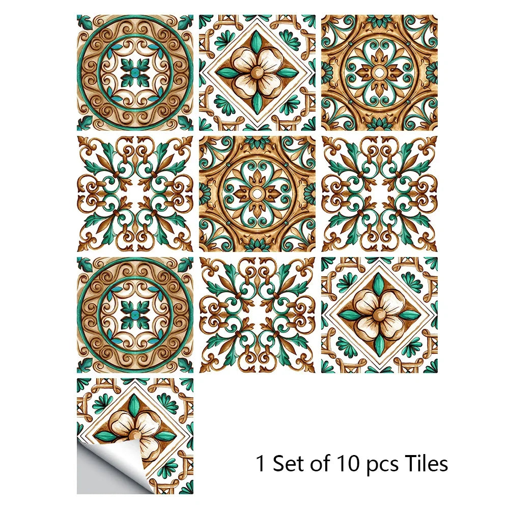 Teal, gold, and cream ornamental tile wall stickers, 10-piece set