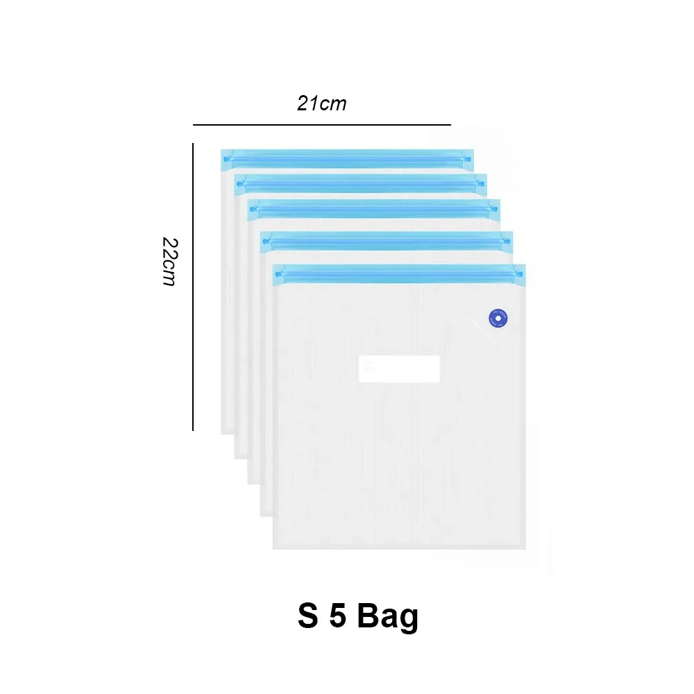 S 5 vacuum sealing bags set with blue zip seal strips, 21 cm