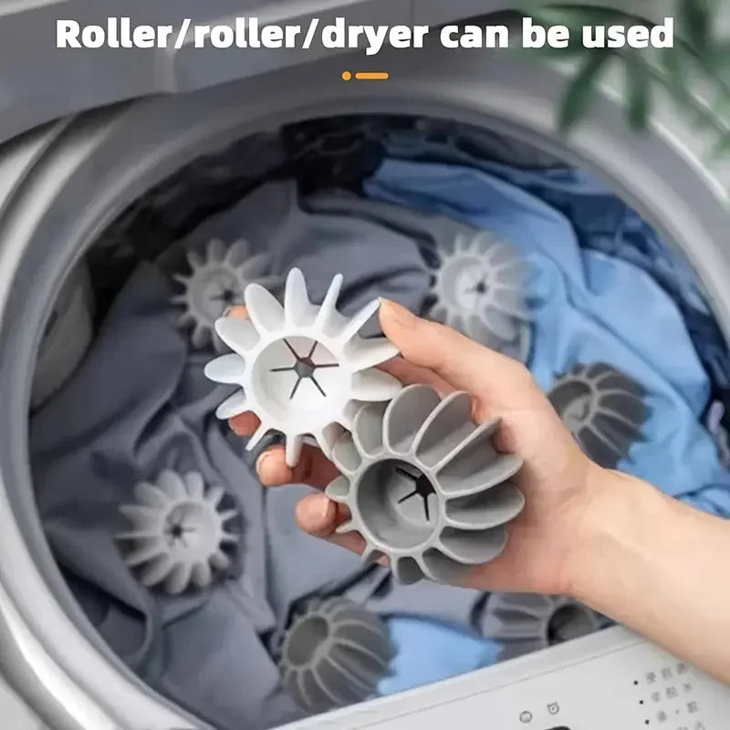 Reusable silicone laundry balls for removing pet hair from clothes in washing machines and dryers.