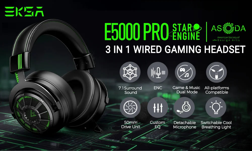 7.1 Surround Sound Gaming Headphones with ENC Mic - E5000 Pro Tidesmit