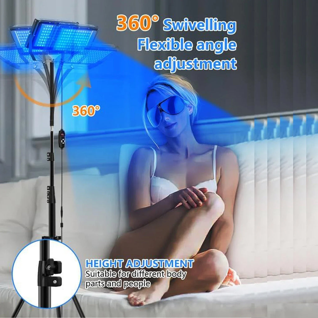 50W blue light tanning lamp on adjustable tripod with 360-degree swivel head for home body tanning and skincare.