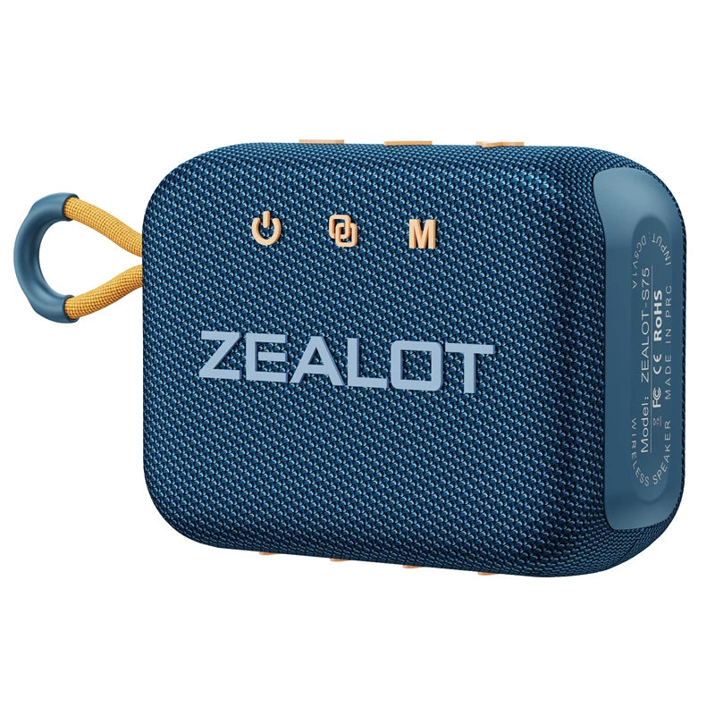 Portable wireless shower speaker, blue fabric with yellow handle and top control icons
