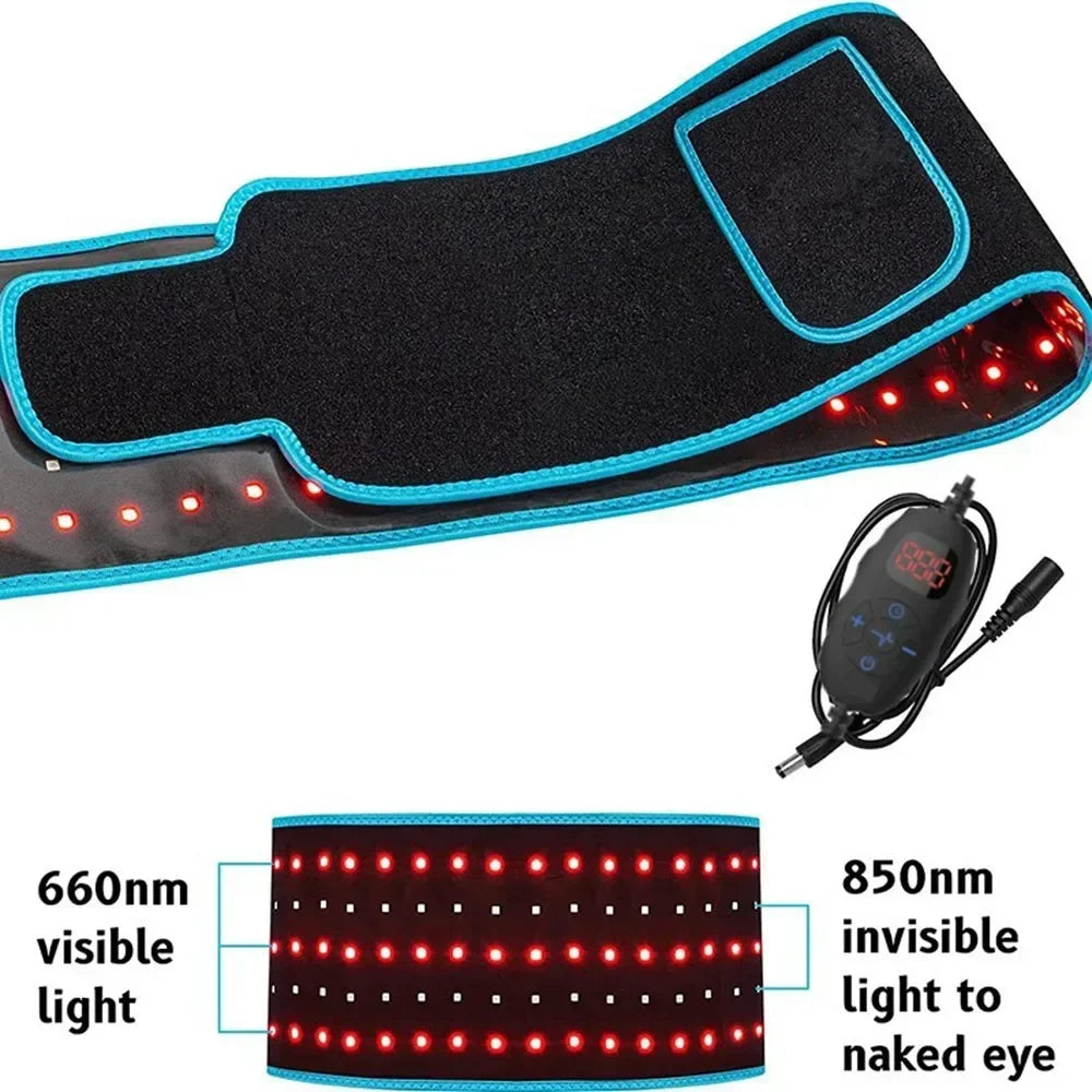 Red and infrared LED light therapy belt for pain relief, featuring 660nm and 850nm diodes and digital controller.