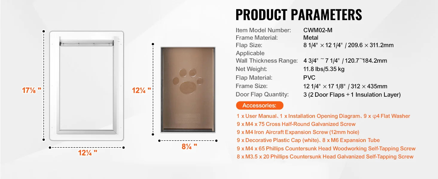 SucceBuy metal pet door with 3-flap weatherproof system for dogs, shown with dimensions and installation accessories.