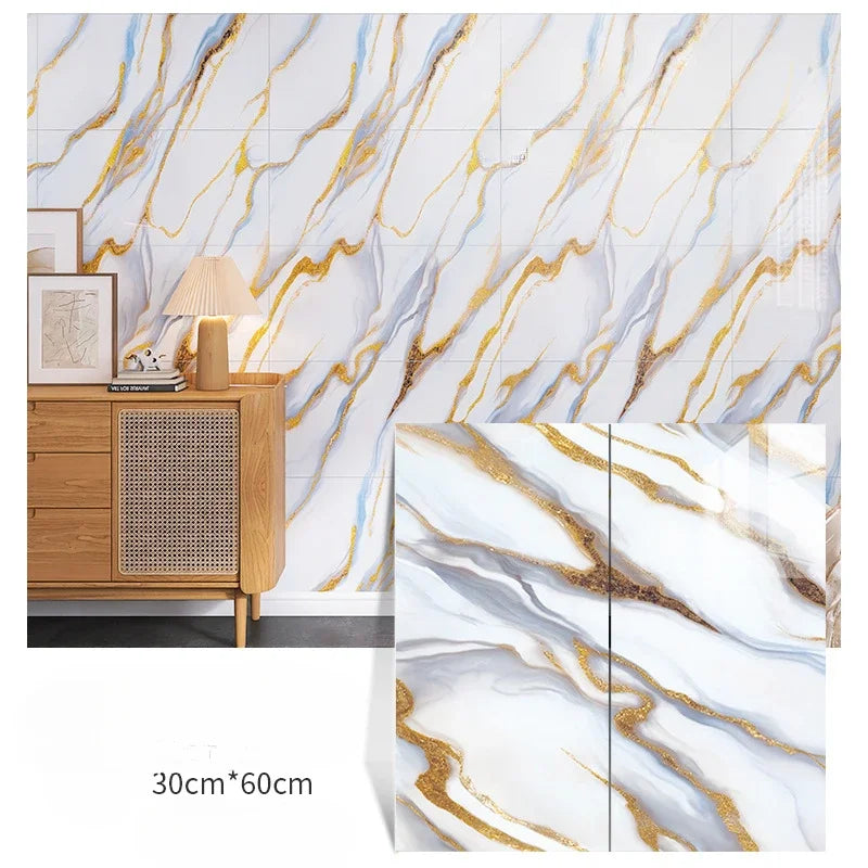 Self-adhesive marble-pattern wall sticker set, light blue with gold streaks, 3-panel look