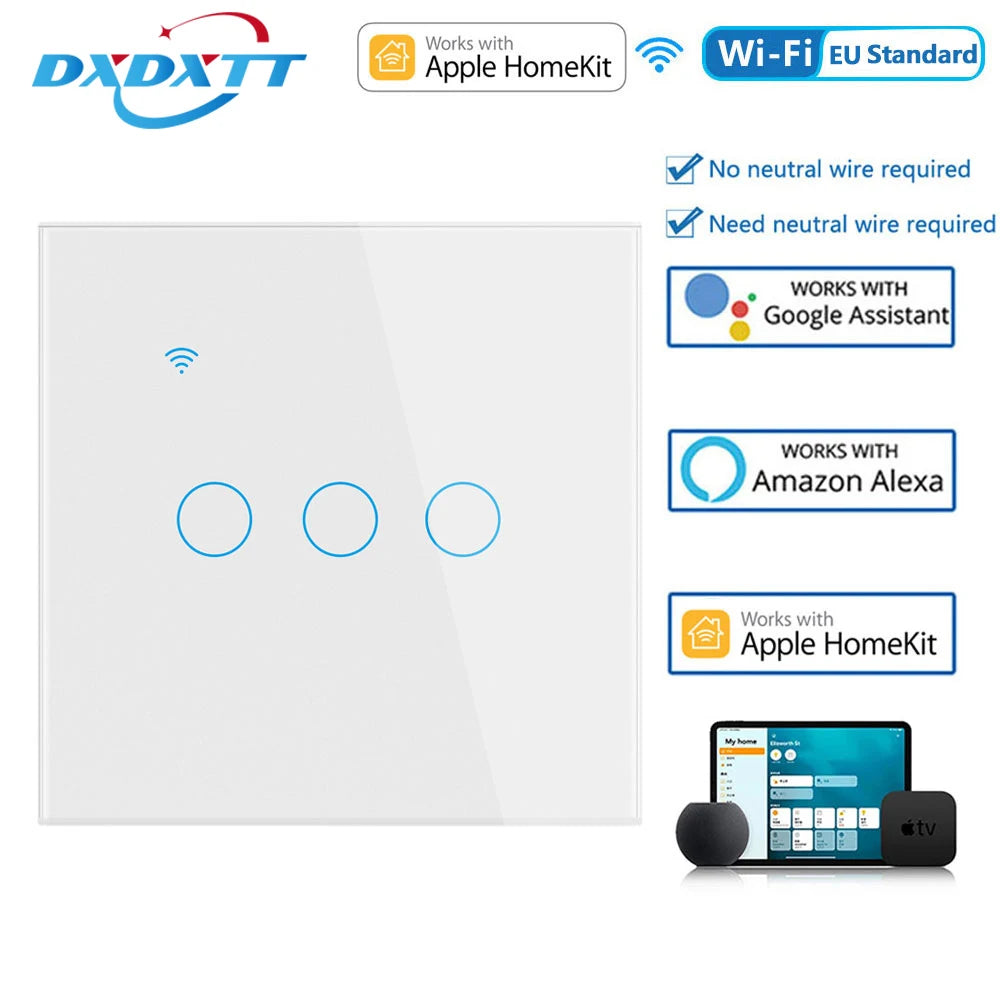 BONDA Homekit Smart Switch No Neutral EU/US WIFI Touch Sensor Light Switch Smart Google Home Alexa Siri Voice Control 220V 110V