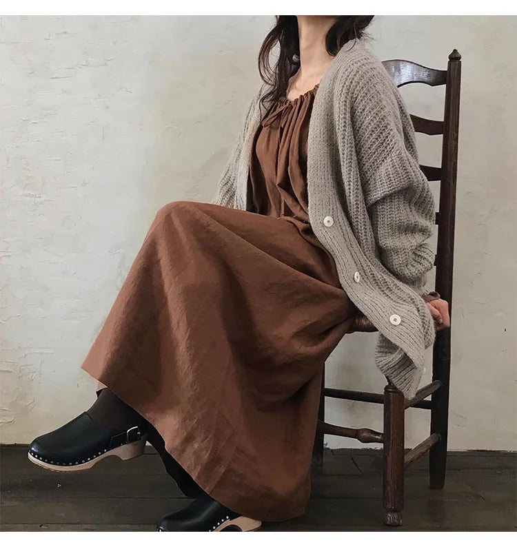Original New Spring Vintage Cotton Linen Dress for Women Solid Long Sleeve Drawstring Linen One-Piece Dress Maxi Dress