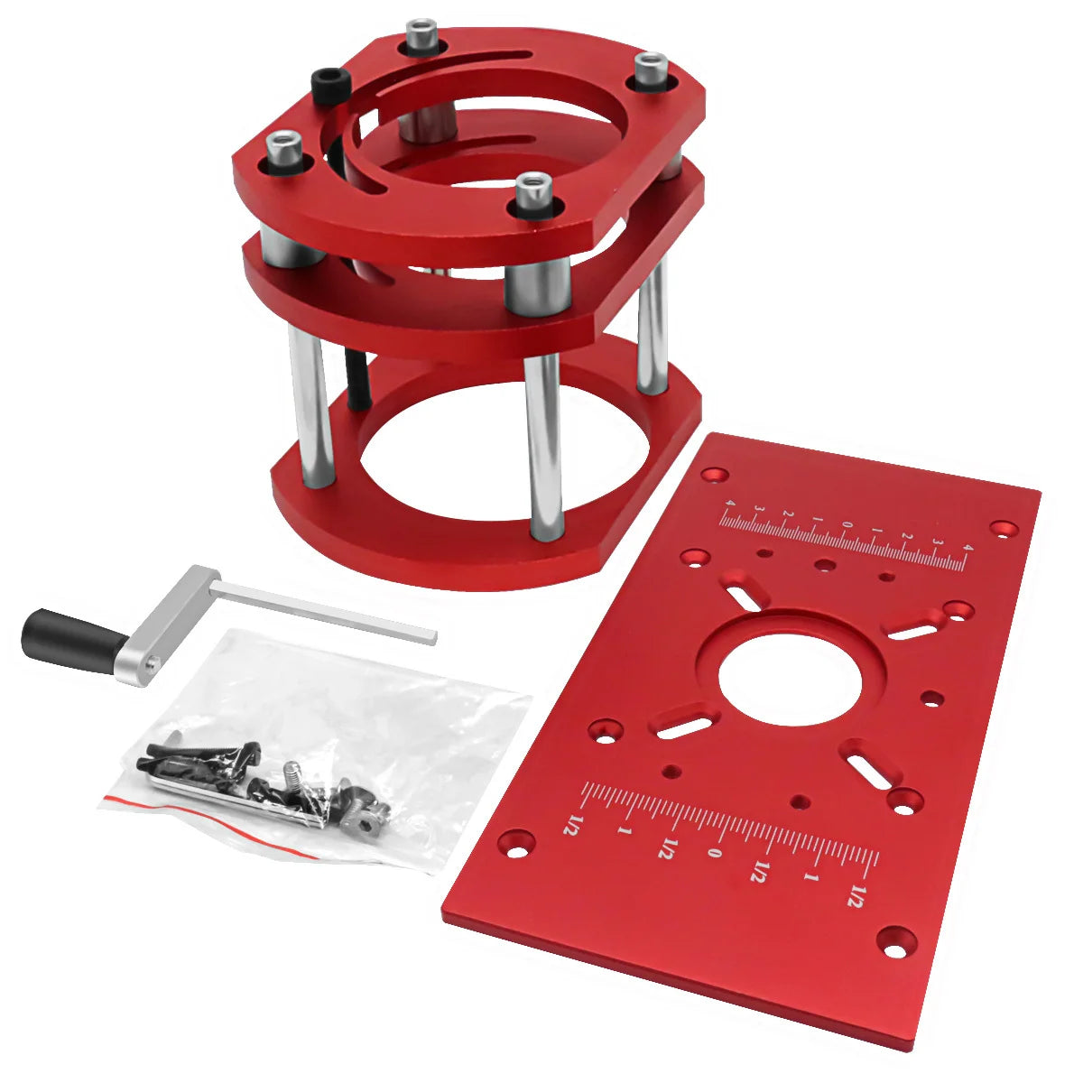 Red router lift base set with red insert plate, hardware bag, and mounting components