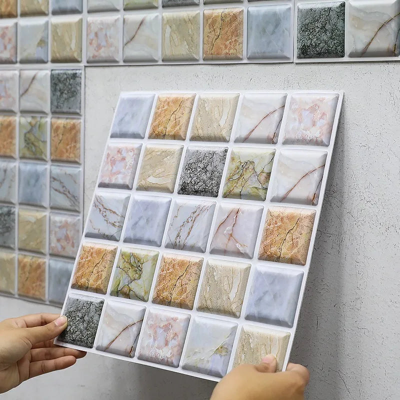 Marble-pattern peel-and-stick backsplash tile sheet with mixed white, gray, and tan pieces