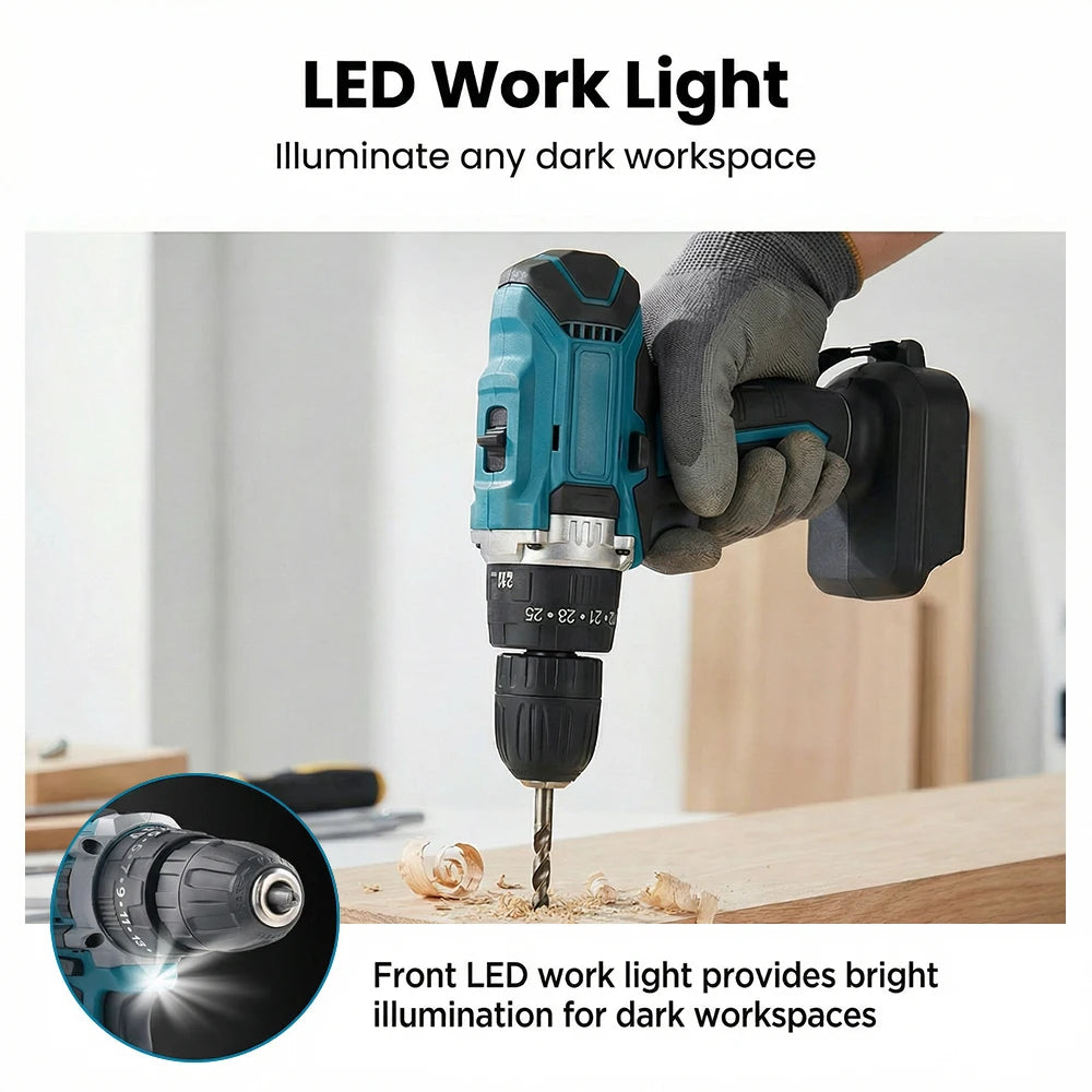 Podofo 21V Lithium Cordless Electric Screwdriver Set Brush Motor 25 Plus 3 Speed Impact Drill Tool With LED Light Two Rechargeable Batteries