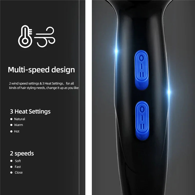 Professional black hair dryer with 3 heat settings and 2 speed controls for salon-quality styling at home.