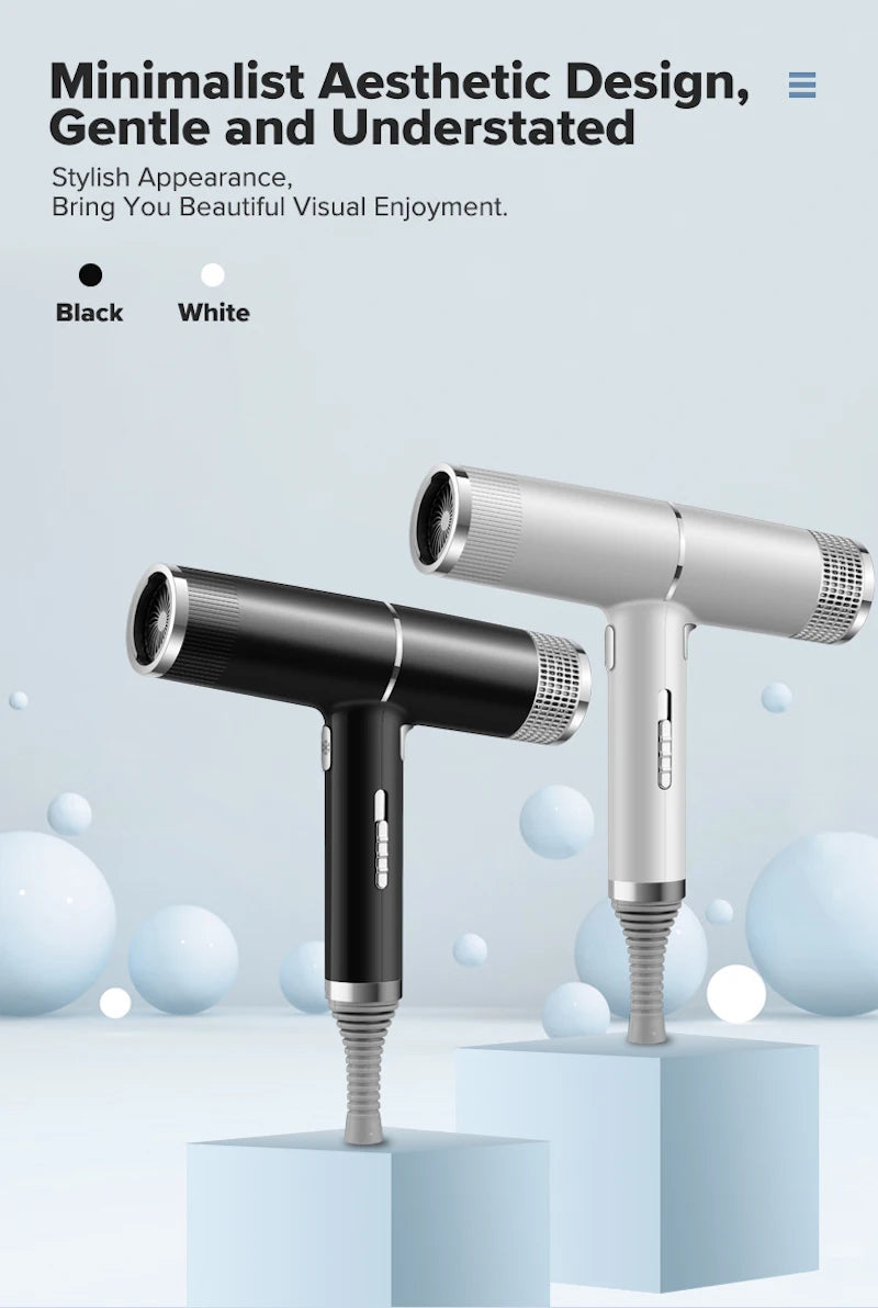 Black and white leafless negative ion hair dryers with intelligent temperature control for quick, low-noise drying.