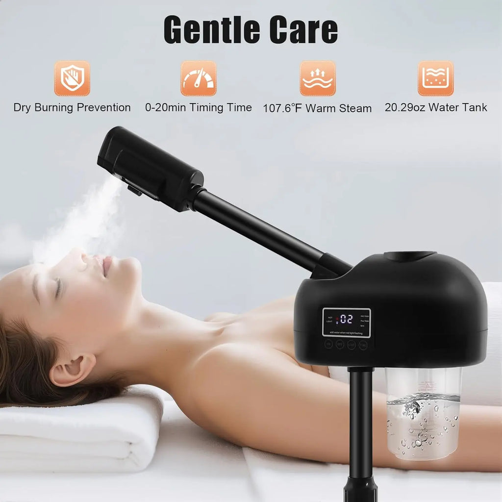 Portable black professional facial steamer with LCD screen, adjustable height, and steam nozzle for spa or home use.