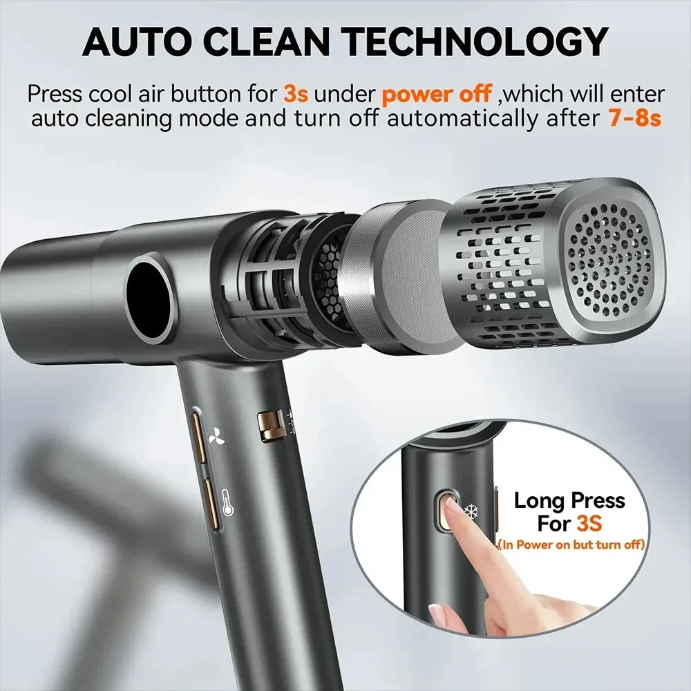 Grey high-speed hair dryer with auto-clean filter and brushless motor, showing cool shot button for cleaning mode.