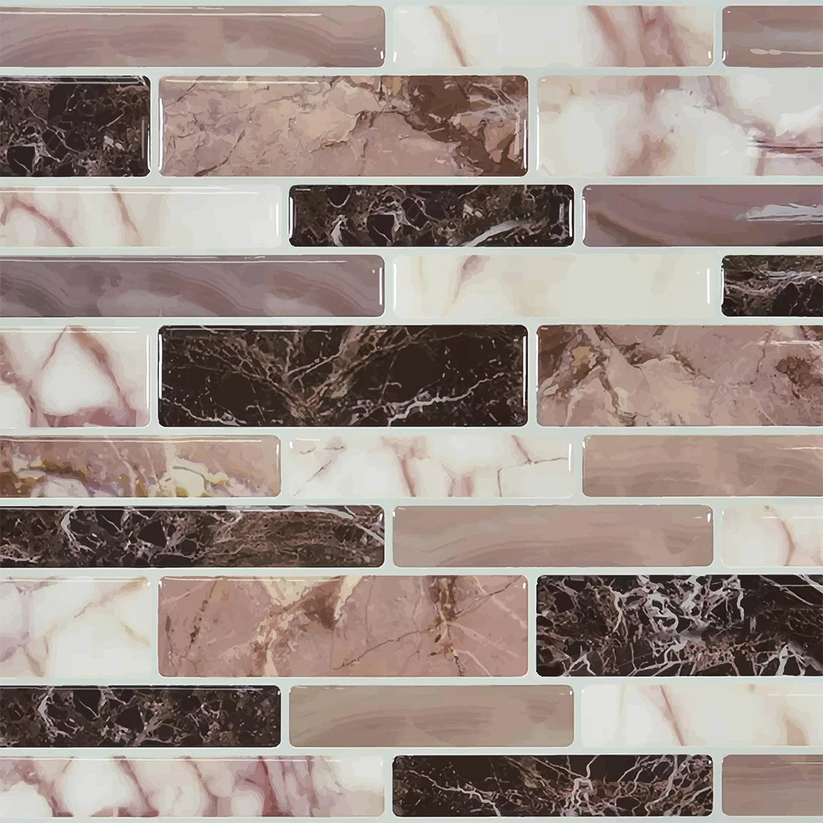Brown and cream marble mosaic tile stickers, peel-and-stick brick-style rectangles