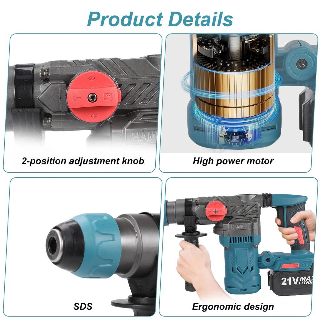 Brushless Electric Hammer Drill Multi-function Rotating Power Screwdriver 26MM Wireless Hammer Drill Tool Compatible with Makita 21V Battery