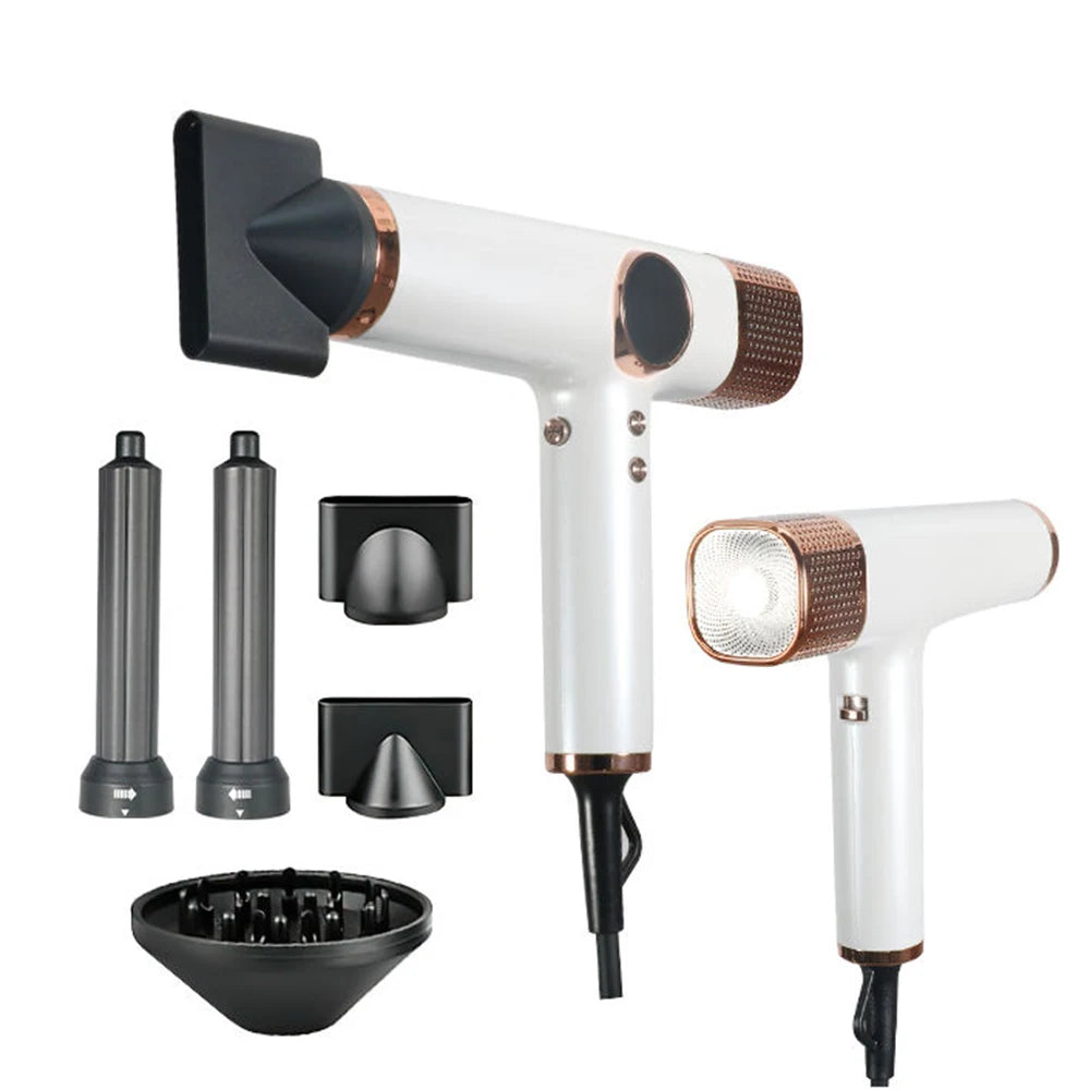 White and rose gold 1800W brushless hair dryer with 5 styling attachments for professional salon-quality blowouts.