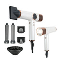 White and rose gold 1800W brushless hair dryer with 5 styling attachments for professional salon-quality blowouts.