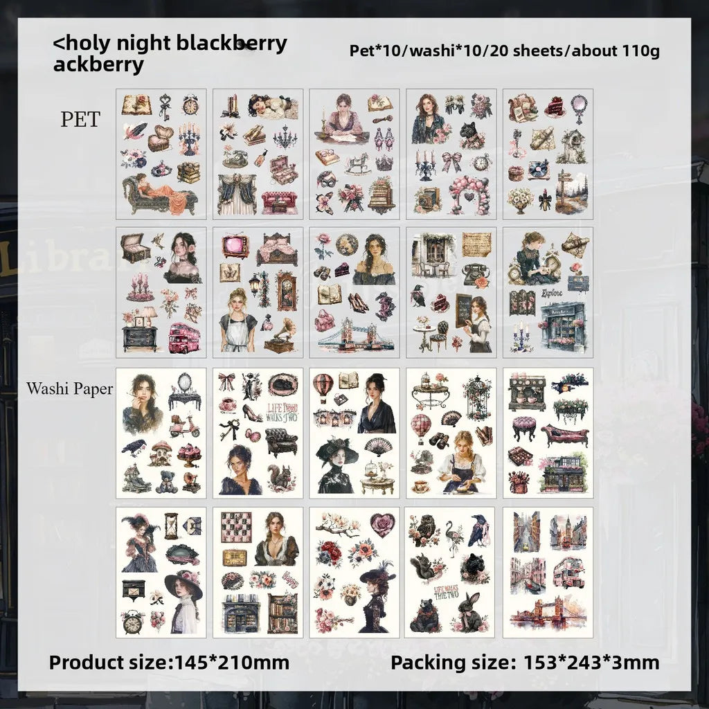 Journamm 20-sheet PET & Washi sticker set for scrapbooking. Vintage aesthetic decorative supplies for notebook art.