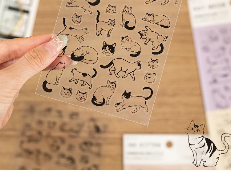 Cute cartoon cat PET stickers for scrapbooking and DIY craft projects. Clear waterproof adhesive decals.
