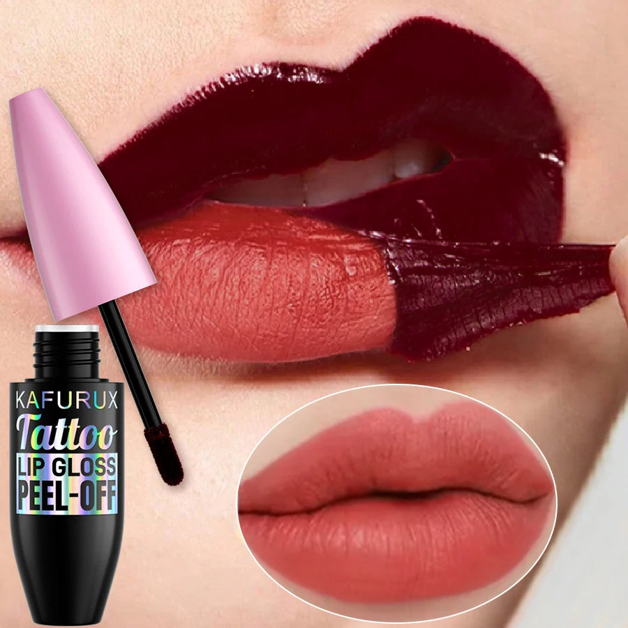 Kafurux long-lasting peel-off lip gloss showing dark red stain removal and a matte pink finished lip look.