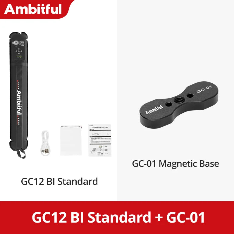 Black LED light bar, manual, and USB cable with a black metal magnetic base for mounting photography equipment.