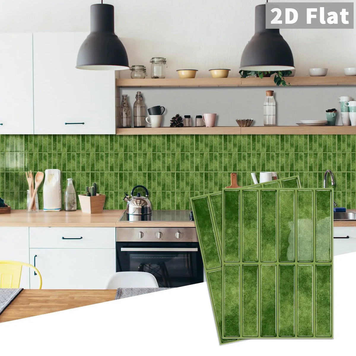 Self-adhesive green tile decal sheets, peel-and-stick for wall splash areas
