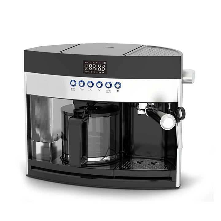 Black and silver programmable 2-in-1 coffee maker and espresso machine with glass carafe and digital display.
