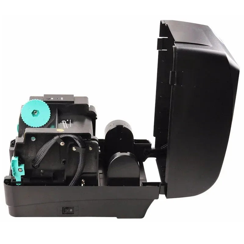 Black ribbon label printer with open side view showing ribbon rollers and internal parts.