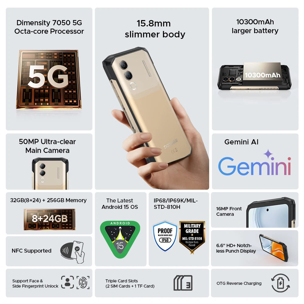 【Brand+】World Premiere DOOGEE Blade20 Turbo 5G Rugged Phone Android 15 Gemini Al 6.6'' HD+ 8GB 256GB AI Dual Camera