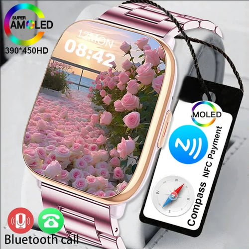 Rose gold smartwatch with full-touch AMOLED screen and black link strap