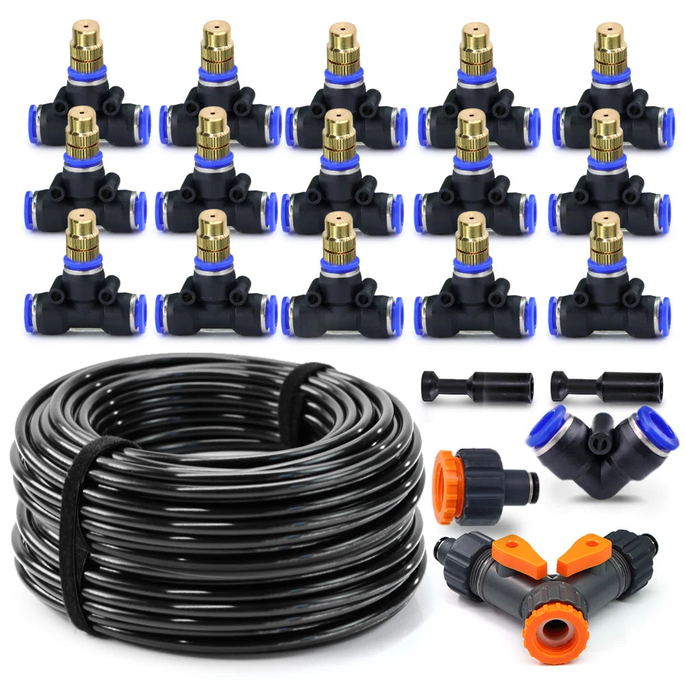 Outdoor garden misting kit with brass nozzle fittings, black tee connectors, blue hose ends