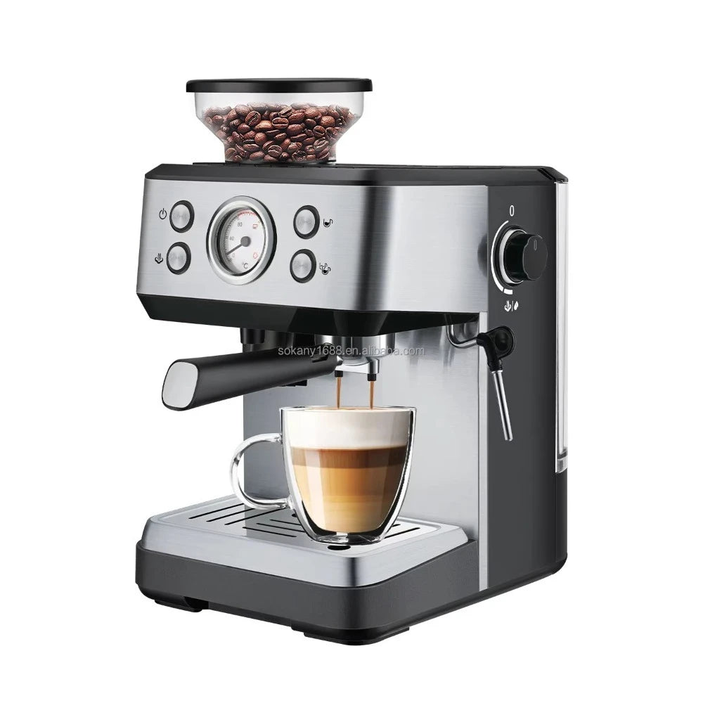 Sokany stainless steel espresso machine with integrated bean hopper, temperature gauge, and milk frother wand.