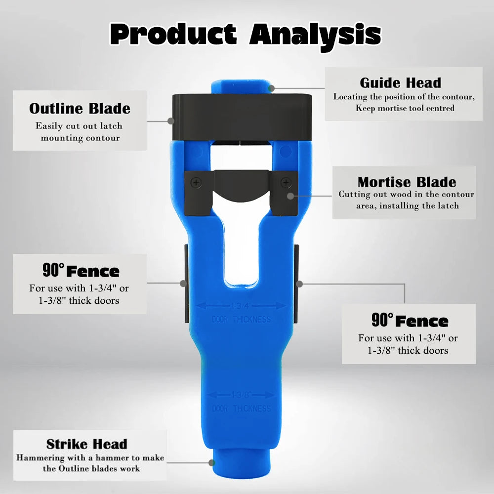 Blue door latch mortise jig tool with guide head, mortise blade, and 90-degree fence
