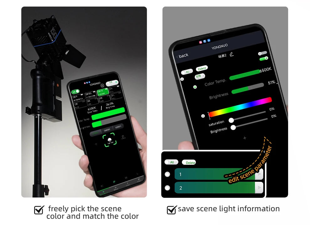 A smartphone running a lighting control app to adjust color temperature, brightness, and saturation of studio lights.