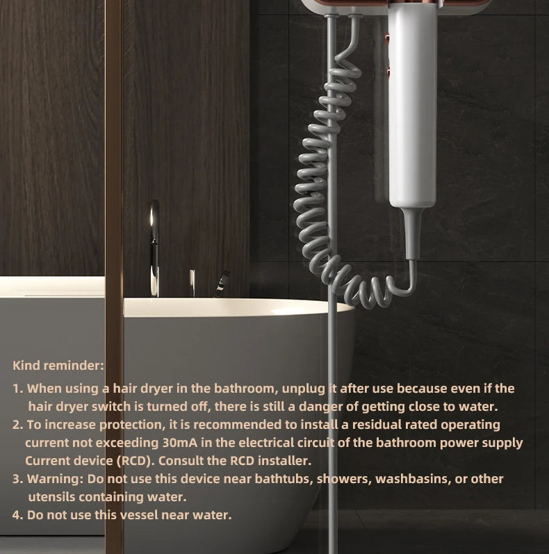 Wall-mounted white and rose gold hair dryer with coiled cord for hotel or home bathroom, high-wind hair care tool.
