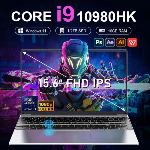 Silver 15.6-inch laptop with thin bezels, full-size backlit keyboard, large trackpad, and vivid gaming display.