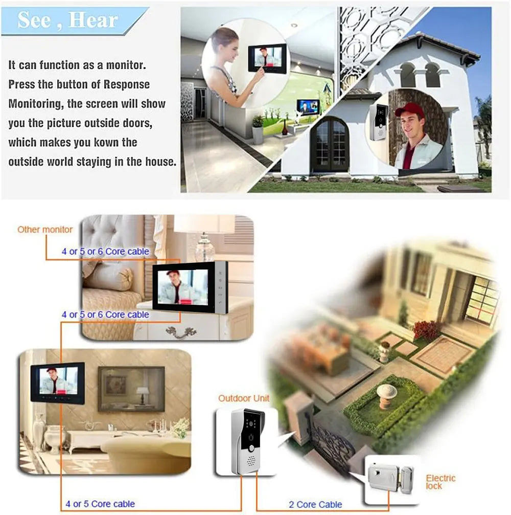 4 Wire 7 Inches Wired Video Doorbell Door Phone Support Unlock, Monitoring, Dual-Way Intercom for Villa Home Office Apartment
