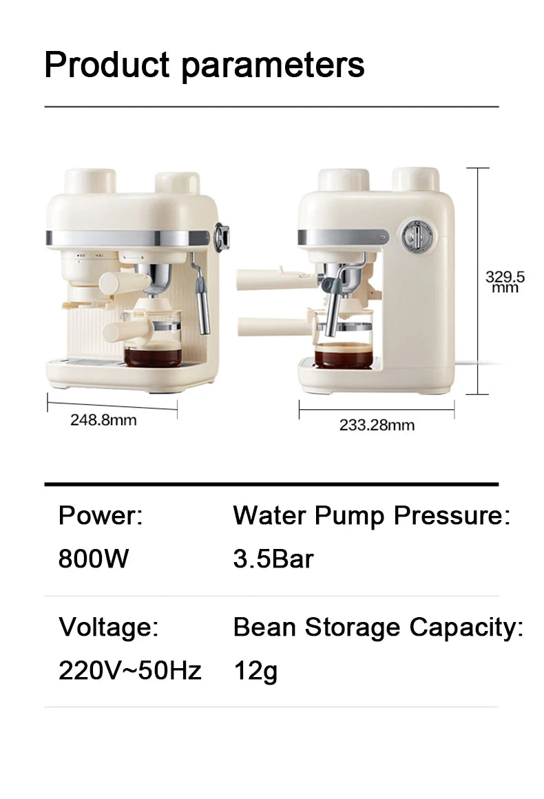 Cream-colored 3.5-bar espresso maker with 800W power and dimensions shown. Compact retro design for home brewing.