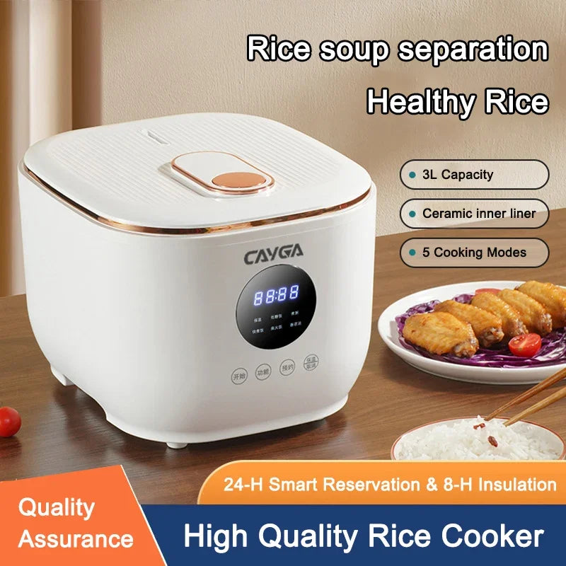 White CAYGA 3L smart low-sugar rice cooker on counter with display and lid control panel