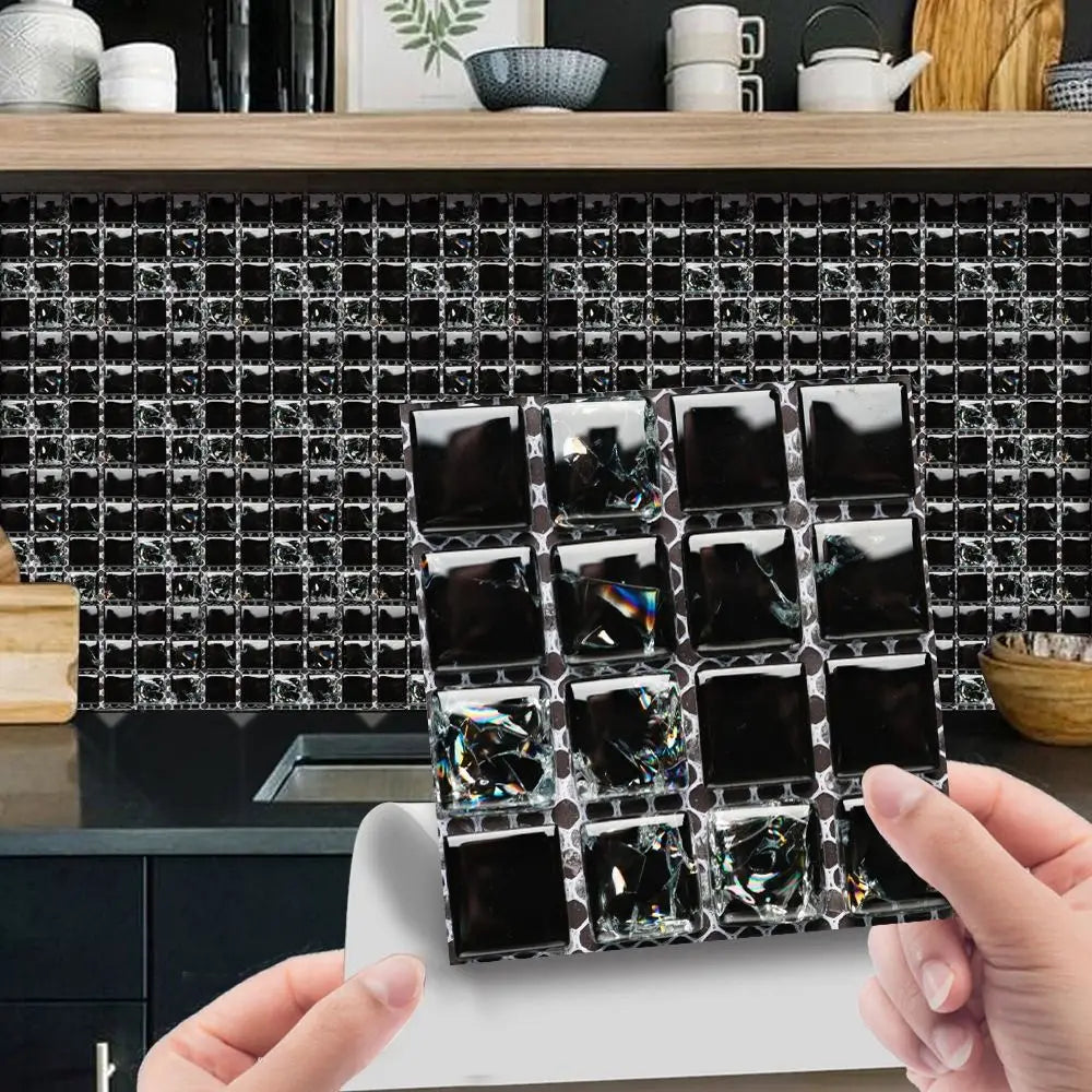Reflective 3D mosaic tile sticker sheet with glossy black square pieces
