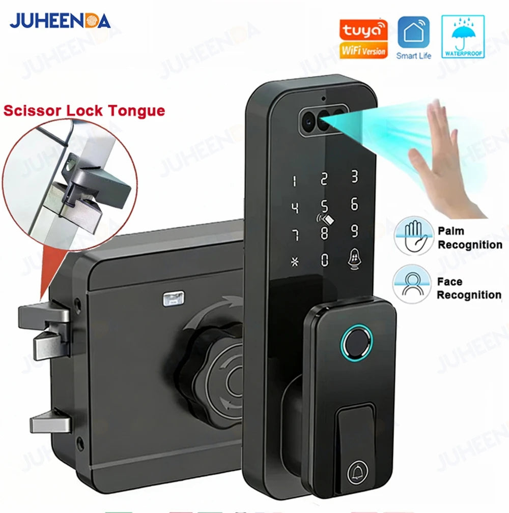 Outdoor Waterproof 3D Face Recognition Palm Scan Fingerprint Gate Lock Tuya Wifi App Password Digital Rechargeable Smart Lock