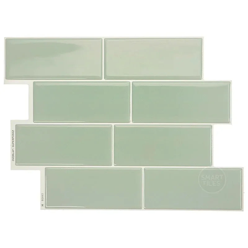 Peel-and-stick backsplash tile set, sage green smooth rectangular tiles with seal