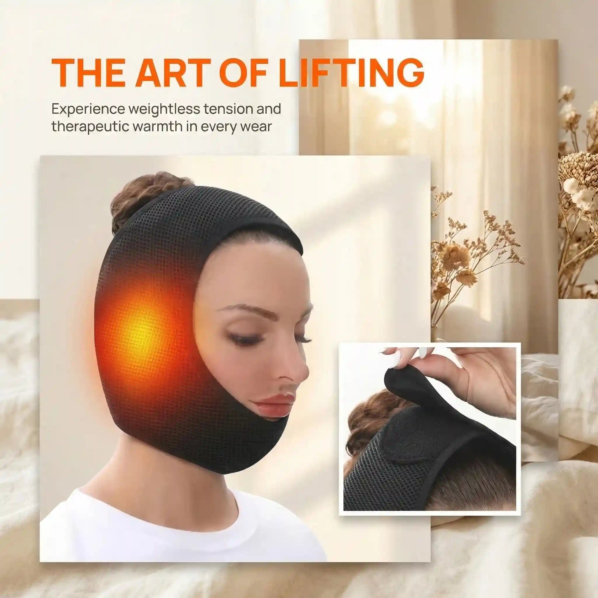 A woman wearing a black, mesh-textured electric heating wrap around her jaw, with a glowing orange heat indicator.