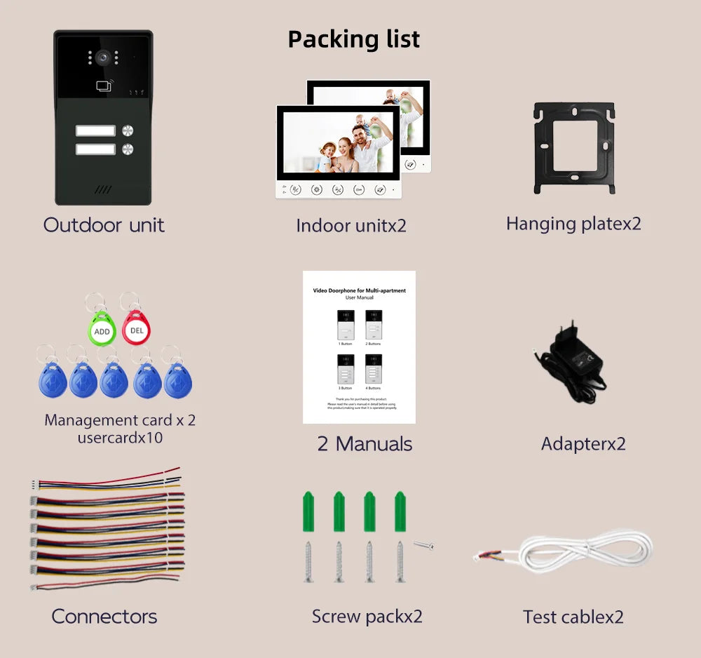 7-inch 4-line video doorbell intercom system, CVBS interface, 1-2 units, with night vision function, suitable for apartments
