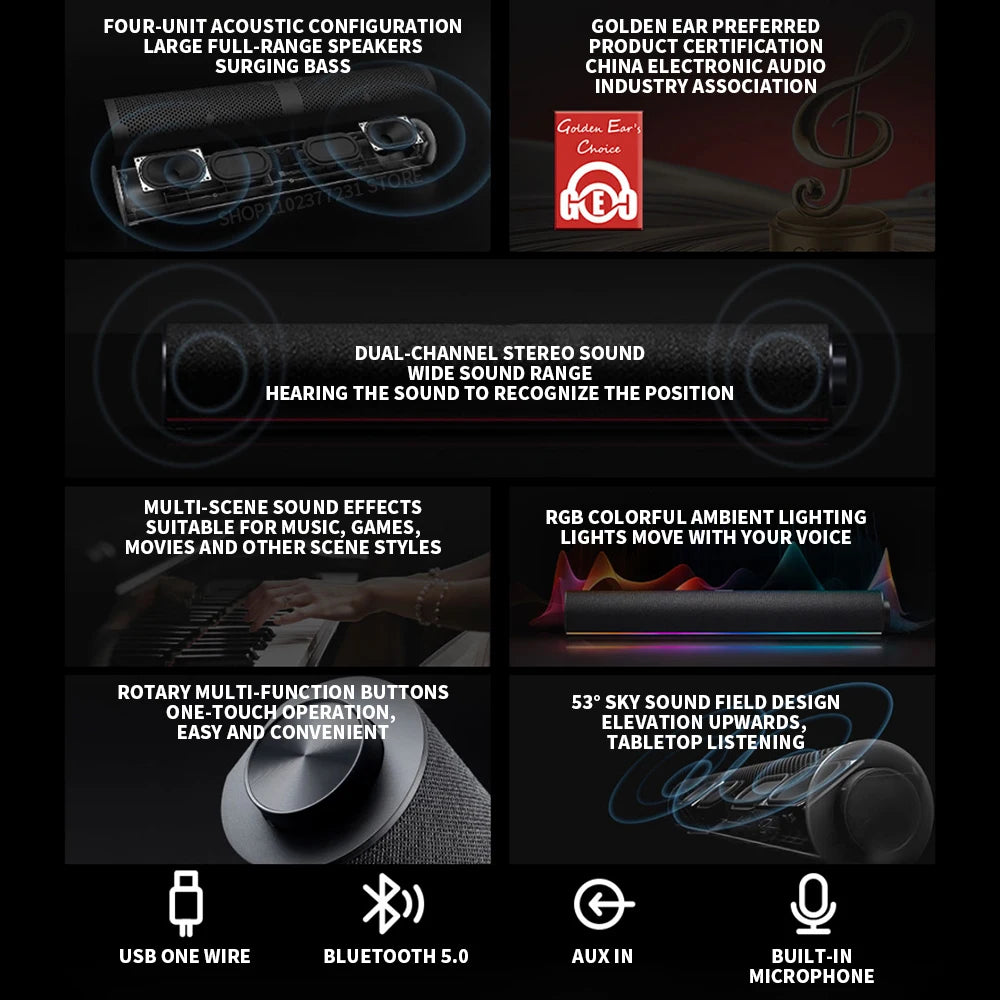 Redmi Computer Speaker Four-Unit Two-Channel Stereo RGB Ambient Light Bluetooth 5.0 Built-in Microphone Knob Control CN Version