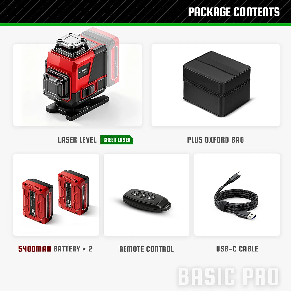 360 green laser level kit with carrying bag, two batteries, remote, and USB-C cable