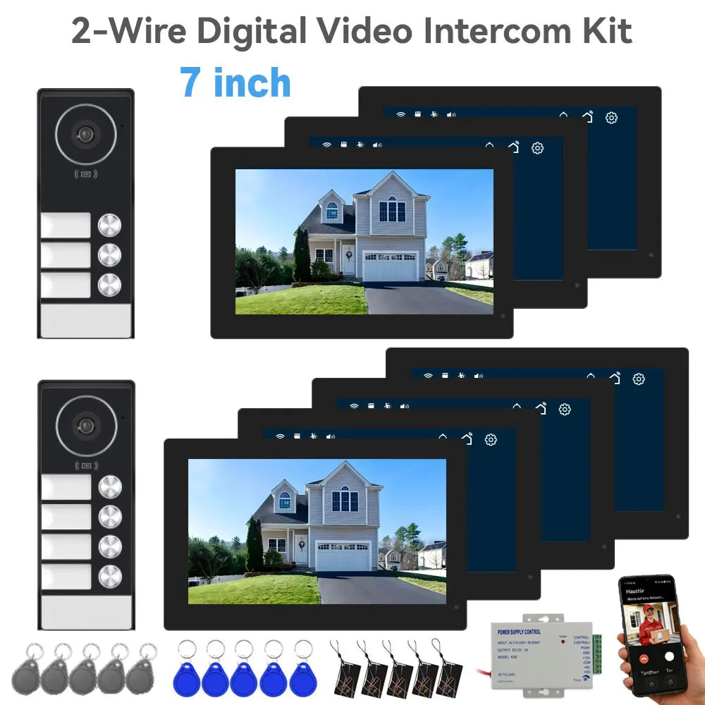 2-4 Unit Home 2 Wire 7inch Touch Video Intercom for Apartments Residential Video Door Phone System with RFID Card APP Unlock ﻿