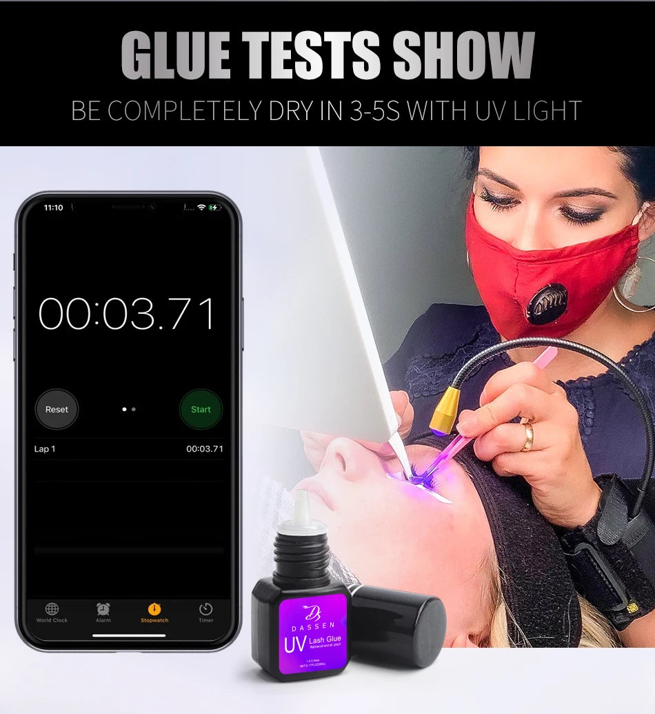 Dassen 5ml UV eyelash extension glue bottle with fast-drying liquid formula and purple label for professional use.